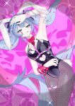  1girl :q ace_(playing_card) ace_of_hearts animal_ears arm_ribbon arm_up armpits black_leotard blue_eyes blue_hair blunt_bangs blush bow bowtie breasts card clothing_cutout colored_inner_hair commentary cowboy_shot cuffs cutout_above_navel detached_collar dot_nose dutch_angle english_commentary facial_mark fake_animal_ears fishnet_pantyhose fishnets hair_ornament handcuffs hatsune_miku heart heart_cutout highres leotard long_hair looking_at_viewer lying medium_breasts multicolored_hair necktie o-ring o-ring_thigh_strap object_in_bra on_back pantyhose pink_bow pink_bowtie pink_hair pink_necktie pink_pupils pink_ribbon playboy_bunny playing_card rabbit_ears rabbit_hole_(vocaloid) ribbon short_necktie sidelocks smile solo tail teardrop_facial_mark thigh_strap tongue tongue_out twintails two-tone_hair vocaloid x_hair_ornament zer_oxo 