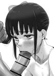  1boy 1girl absurdres bar_censor blunt_bangs blush butterfly_hair_ornament censored collarbone commentary erection fellatio greyscale hair_ornament hetero highres holding_another's_hair kaiman_garupan kimetsu_no_yaiba long_hair monochrome oral penis runny_nose side_ponytail simple_background snot sweat tsuyuri_kanao white_background 