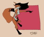  1999 abstract_background anthro black_hair canid canine dipstick_tail egypt_urnash eyes_closed female fox fur gesture hair leg_markings mammal markings nipples nude orange_body orange_fur pointing socks_(marking) solo tail_markings 