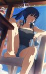  1girl absurdres bare_shoulders barefoot black_camisole blue_archive blue_eyes blue_hair blue_halo breasts camisole can cloud commentary_request cross_halo cup cutoffs denim denim_shorts drinking_glass food from_below fruit halo headphones headphones_around_neck highres holding holding_can ice_cream large_breasts long_hair official_alternate_costume outdoors parfait parfait_glass parted_lips ponytail saori_(blue_archive) saori_(swimsuit)_(blue_archive) shorts sitting sky solo sundae table wooden_table xubai 