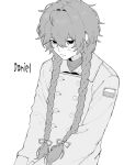  1boy blush braid buttons character_name coat collared_coat commentary cowboy_shot daniel_(slavcorpz) english_commentary greyscale highres long_hair monochrome original polish_flag scar scar_on_cheek scar_on_face scar_on_mouth scar_on_neck simple_background slavcorpz solo trap trench_coat twin_braids upper_body white_background 
