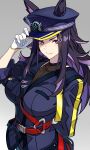  1girl absurdres adjusting_clothes adjusting_headwear animal_ears arm_behind_back belt black_hair black_hat black_jacket breasts closed_mouth colored_inner_hair commentary_request covered_collarbone ears_through_headwear fenomeno_(black_flames_of_the_righteous_spirit)_(umamusume) fenomeno_(umamusume) flipped_hair gloves gradient_background grey_background hand_up hat highres horse_ears horse_girl horseshoe_hat_ornament horseshoe_ornament jacket large_breasts long_hair looking_at_viewer multicolored_hair peaked_cap purple_eyes purple_hair red_belt reibun_(raven1119) simple_background solo umamusume white_gloves 
