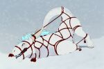 alixana ambiguous_gender arms_tied ass_up bdsm blue_mane blush bondage bound claws felkin female_(lore) feral fur hi_res horn looking_at_viewer mane on_ground outside raised_tail red_rope restraints rope rope_bondage shenshepa snow snowflake snowing solo tail tail_tied toe_claws white_body white_fur