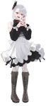  1girl :d absurdres apron black_dress black_nails boots bow brown_boots butterfly_hair_ornament clothing_cutout commentary_request dress frilled_apron frills full_body grey_hair hair_between_eyes hair_ornament highres knee_boots lace-up_boots long_hair long_sleeves looking_at_viewer multicolored_hair nail_polish original pantyhose puffy_long_sleeves puffy_sleeves red_eyes red_hair rerrere shoulder_cutout simple_background smile solo standing steepled_fingers streaked_hair teeth upper_teeth_only white_apron white_background white_bow white_pantyhose 