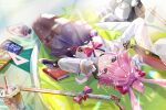  1girl absurdres animal_ears asymmetrical_gloves black_gloves black_pantyhose blue_skirt bow bowtie breasts bubble_tea cleavage commentary_request cup disposable_cup evanescia_(honkai:_star_rail) fox_ears fox_girl gloves highres honkai:_star_rail honkai_(series) large_breasts looking_at_viewer lying manga_(object) measuring_stick mismatched_gloves on_back pantyhose pink_hair purple_eyes qiannai_live red_bow red_bowtie shirt short_hair_with_long_locks skirt smile solo trailblazer_(honkai:_star_rail) white_gloves white_shirt 