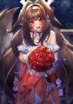  absurdres animal_ear_fluff animal_ears bag bare_shoulders blush bouquet breasts brown_hair brown_tail cleavage collar cross-laced_clothes cross-laced_top droopy_ears flower fluffy_tail frilled_collar frilled_shirt frilled_shirt_collar frills hairband high-waist_skirt highres holding holding_bouquet large_breasts long_hair long_skirt looking_at_viewer meroo_art multicolored_hairband official_alternate_costume open_mouth red_bag red_eyes red_flower red_hairband red_rose red_skirt rose shirt skirt very_long_hair white_hairband white_shirt ye_shunguang ye_shunguang_(touch_of_dawnlight) zenless_zone_zero 