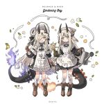  2girls aged_down alternate_costume apron apron_pocket aqua_eyes arknights artist_name black_dress black_ribbon blonde_hair blush bonnet boots bouquet brown_boots character_name closed_mouth detached_sleeves dot_mouth dragon_horns dragon_tail dress enmaided fang fire flame-tipped_tail floral_print_headwear flower frilled_apron frills full_body gauze_on_knee hair_flower hair_ornament hair_over_one_eye hat hat_ribbon highres holding holding_bouquet holding_shovel holding_watering_can horns long_hair long_sleeves looking_at_viewer maid maid_apron multiple_girls multiple_horns necrass_(arknights) necrass_(young)_(arknights) ppxdq puffy_long_sleeves puffy_sleeves purple_fire purple_flower reed_(arknights) reed_(young)_(arknights) ribbon scissors shovel siblings sidelocks sisters skin_fang slit_pupils socks tail very_long_hair watering_can white_apron white_flower white_socks yellow_flower 