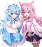  2girls :d ahoge animal_ears antenna_hair belt beret black_choker black_pantyhose black_skirt blue_bow blue_bowtie blue_coat blue_hair blue_skirt blue_streaks bow bowtie braid braided_bun breasts center_frills chest_belt choker cleavage cleavage_cutout clothing_cutout coat collared_shirt commentary crop_top crop_top_overhang cropped_shirt cross-laced_clothes cross-laced_skirt cross-laced_sleeves crossed_bangs crown_braid double-parted_bangs double_bun elf flower frilled_coat frilled_shirt frilled_skirt frilled_thighhighs frills fur-trimmed_coat fur_trim hair_between_eyes hair_bun hair_flower hair_ornament hakui_koyori hakui_koyori_(1st_costume) half_up_braid hand_up hat heart heart_ahoge hexagon_hair_ornament highres hololive kag_tsukimi lab_coat lapels large_breasts long_hair long_sleeves miniskirt multicolored_hair multiple_girls necktie notched_lapels off_shoulder pantyhose pink_hair pink_necktie plaid_bow plaid_bowtie plaid_clothes pleated_skirt pointy_ears purple_eyes shirt sidelocks simple_background skirt sleeveless sleeveless_shirt smile snowflake_print streaked_hair test_tube thigh_strap thighhighs untranslatable_commentary very_long_hair virtual_youtuber waving white_background white_belt white_coat white_hat white_shirt white_thighhighs wolf_ears wolf_girl yellow_eyes yukihana_lamy yukihana_lamy_(1st_costume) 