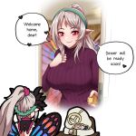  1girl 1other breasts butterfly_wings crown_of_thorns desk dreaming drooling fairy_wings fire_emblem fire_emblem_heroes grey_hair highres hood jewelry kiran_(fire_emblem) large_breasts long_hair no_eyes open_door parted_lips plumeria_(fire_emblem) pointy_ears ponytail red_eyes ring seityr sidelocks sleeping smile speech_bubble sweater teeth wedding_ring wings 
