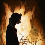  1:1 alpaca black_clothing branch burning camelid clothing covered_face fire g_jamez hat headgear headwear hi_res humanoid jacket jameslewis looking_down male male/male mammal smoke solo standing topwear ushanka 