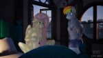  16:9 3d_background anthro big_breasts blush bottomwear bra breast_squeeze breasts clothing cottage covering covering_breasts covering_self duo embarrassed embarrassed_nude_anthro equid equine female female/female flat_chested fluffyorbiter fluttershy_(mlp) friendship_is_magic hasbro hi_res horse mammal morning muscular muscular_female my_little_pony navel pegasus pony rainbow_dash_(mlp) scene_interpretation scenery screencap_redraw shirt shorts topwear underwear unimpressed widescreen window wings 