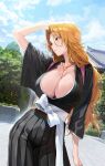  1girl architecture black_hakama black_kimono bleach blue_eyes blue_sky breasts chinese_commentary commentary_request east_asian_architecture hakama highres japanese_clothes kimono large_breasts long_hair matsumoto_rangiku orange_hair shihakusho shiliu_xian_xian_xian shinigami sky solo very_long_hair 