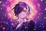  1boy aerial_fireworks banzoin_hakka banzoin_hakka_(4th_costume) black_jacket black_suit collared_shirt commentary confetti fireworks grin highres holostars holostars_english jacket lapels male_focus medium_hair multicolored_hair official_alternate_costume official_alternate_hairstyle piwpiww purple_hair shawl_lapels shirt single_hair_streak smile solo streaked_hair suit upper_body vest virtual_youtuber white_hair white_streaks 