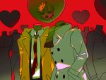  2boys adachi_tooru alternate_species coat commentary_request grey_coat greyland215856 headless heart highres male_focus multiple_boys narukami_yu necktie persona persona_4 red_background red_necktie roman_numeral scarf shadow_(persona) yaoi yellow_coat 