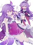  :d absurdres arrow_(symbol) bare_shoulders black_gloves boots brown_eyes chibi commentary_request dress feet_out_of_frame fingerless_gloves gloves hair_between_eyes hand_up highres honkai_(series) honkai_impact_3rd knees_together_feet_apart kotsutsu long_hair parted_lips purple_dress purple_gloves purple_hair simple_background single_fingerless_glove sirin smile star_(symbol) translation_request twirling_hair twitter_username very_long_hair white_background white_boots 