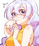  1girl ^^^ bare_shoulders blush braid breasts commentary_request grey_hair hair_between_eyes hands_up highres holding honkai_(series) honkai_impact_3rd kiana_kaslana low_twintails medium_breasts purple_eyes satoyukitowa shirt signature simple_background sleeveless sleeveless_shirt solo twin_braids twintails upper_body white_background yellow_shirt 