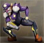  1boy adapted_costume arm_cannon commentary cosplay english_commentary facial_hair full_body grin hat highres long_nose male_focus mario_(series) metroid mustache otakuap pointy_ears pointy_footwear power_suit_(metroid) samus_aran samus_aran_(cosplay) signature smile solo squatting waluigi weapon 