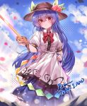  1girl apron black_hat blue_hair blue_skirt blue_sky blush bow bowtie chinese_commentary closed_mouth cloud commentary_request day fruit_hat_ornament hand_on_own_hip hat hat_ornament highres hinanawi_tenshi holding holding_sword holding_weapon leaf_hat_ornament long_hair looking_at_viewer peach_hat_ornament puffy_short_sleeves puffy_sleeves red_bow red_bowtie red_eyes shirt short_sleeves signature skirt sky smile solo sword sword_of_hisou top-exerou touhou very_long_hair waist_apron weapon white_apron white_shirt 