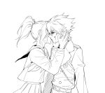 1boy 1girl bleach bleach:_sennen_kessen-hen blood blood_on_face coat commentary crying empty_eyes english_commentary hands_on_another's_cheeks hands_on_another's_face hatching_(texture) hetero high_ponytail highres hitsugaya_toushirou kiss kurosaki_karin monochrome pleated_skirt ponytail school_uniform serafuku silegesi skirt streaming_tears tears wandenreich_uniform 