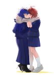  1lijin 2girls antenna_hair black_shoes black_streaks blue_hair blue_jacket blue_skirt closed_eyes commentary_request full_body genderswap genderswap_(mtf) high_heels highres imminent_kiss jacket long_hair long_skirt long_sleeves makeup medium_hair multicolored_hair multiple_girls omokage_yugamu red_hair scarf shared_clothes shared_scarf shoes skirt socks streaked_hair sumino_takumi the_hundred_line_-last_defense_academy- white_socks yuri 