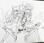  2girls :d aihara-rina apron ascot blush bow braid chinese_commentary closed_mouth commentary_request dated detached_sleeves frilled_bow frilled_hair_tubes frilled_skirt frills gohei greyscale hair_bow hair_tubes hakurei_reimu hat hat_bow highres holding holding_gohei kirisame_marisa long_hair looking_at_viewer mary_janes monochrome multiple_girls photo_(medium) ribbon-trimmed_sleeves ribbon_trim shoes side_braid signature single_braid skirt smile socks touhou traditional_media vest waist_apron witch_hat 