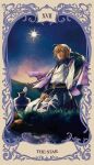  1boy ahoge backlighting bird black_capelet black_hakama black_shirt blue_border border brown_border brown_hair capelet card_(medium) commentary_request crossed_bangs dawn fingernails floating_clothes floating_hair foliage fukeda_chiho full_body grass green_eyes hair_between_eyes hakama hakama_pants hand_in_own_hair hand_on_lap hand_up high_collar highres hill hypnosis_mic japanese_clothes kimono light_smile long-tailed_tit long_sleeves looking_afar looking_to_the_side male_focus night obijime ornate_border pants parted_lips river rock seiza shirt short_hair shosei sideways_glance sitting sky solo star_(sky) starry_sky tarot tarot_(medium) the_star_(tarot) tit_(bird) twitter_username two-sided_capelet vase wavy_hair white_kimono yumeno_gentaro 