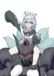  1girl :d absurdres ahoge animal_ear_fluff animal_ears animal_slippers arm_up black_shirt blue_hair closed_eyes commentary fang fox_ears fox_girl fox_tail glasses green_jacket green_shirt highres horns indie_virtual_youtuber jacket kitsune long_sleeves loose_socks mask medium_hair multiple_tails off_shoulder open_mouth red_eyes robot shirt simple_background sitting sleepiebug sleeves_past_fingers sleeves_past_wrists slippers smile socks tail untranslatable_commentary valefal_coneri valefor_(vtuber) white_background 