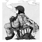  1girl absurdres bolt_action chito_(shoujo_shuumatsu_ryokou) cigarette greyscale gun headwear_removed helmet helmet_removed highres military military_uniform monochrome negative_space rifle shoujo_shuumatsu_ryokou sitting smoking solo teru_(teru11061) twintails uniform weapon 