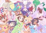 6+girls :d alternate_costume black_hair blue_eyes brown_hair can canari_(pokemon) chikorita cleffa closed_eyes closed_mouth collarbone commentary_request cup disposable_coffee_cup disposable_cup emma_(pokemon) espurr floette floette_(eternal) green_hair green_shirt green_shorts grin griselle_(pokemon) gwynn_(pokemon) hairband harmony_(pokemon) highres holding holding_pokemon jacinthe_(pokemon) lebanne_(pokemon) lida_(pokemon) litleo litwick long_hair lying multicolored_hair multiple_girls on_back on_stomach open_mouth pokemon pokemon_(creature) pokemon_legends:_z-a shirt shorts sidelocks sitting skrelp smile sparkle staryu taunie_(pokemon) teeth tepig totodile two-tone_hair tynamo yukari_(yukari21653710) 