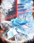  1girl ahoge android blue_hair boots cloak copyright_name copyright_notice from_behind gloves key_visual long_hair official_art promotional_art solo split_theme textless_version vivy vivy:_fluorite_eye's_song walking white_boots white_cloak white_gloves 