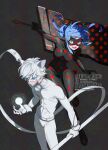  1boy 1girl absurdres adrien_agreste animal_ears bell black_background black_bodysuit black_mask blue_hair blue_sclera bodysuit cat_ears chat_blanc colored_sclera commentary_request eye_mask greatsword highres holding holding_staff holding_sword holding_weapon ladybug_(miraculous_ladybug) marinette_dupain-cheng mask miraculous_ladybug neck_bell polka_dot_bodysuit seio_(nao_miragggcc45) slit_pupils staff sword twintails watermark weapon white_bodysuit white_eyes white_hair 
