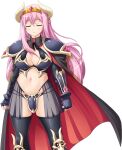  1girl armor armored_boots bikini_armor black_cape black_gloves black_ribbon black_thighhighs blush boots braid breasts cape cleavage clenched_hands closed_eyes closed_mouth corruption cowboy_shot dark_persona demon_girl demon_horns elbow_gloves facing_viewer faulds fingerless_gloves frown game_asset gauntlets gem gloves greaves groin hair_between_eyes horns knee_pads kumacchi large_breasts large_variant_set legs_apart loincloth long_hair multicolored_cape navel neck_ribbon non-web_source official_art pauldrons pink_hair red_cape red_gem ribbon see-through_clothes self-datamine shinomiya_rurina shiny_skin shoulder_armor showgirl_skirt shugo_seijo_prism_saber simple_background skirt solo standing tachi-e thighhighs tiara transparent_background vambraces variant_set very_long_hair 