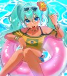  1girl aqua_eyes aqua_hair bikini black_bikini bracelet brazilian_flag brazilian_flag_print brazilian_miku buoy commentary earrings eyewear_on_head flag_print flower hair_between_eyes hair_flower hair_ornament hand_up hantopo2525 hatsune_miku highres jewelry off-shoulder_shirt off_shoulder open_mouth orange_flower shirt side-tie_bikini_bottom swimsuit tan twintails vocaloid yellow_shirt 