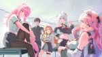  1boy 4girls absurdres aemeath_(wuthering_waves) ahoge alternate_costume bare_shoulders black_bow black_hair black_jacket black_pantyhose black_sailor_collar black_skirt blue_eyes bow breasts classroom closed_mouth clothing_cutout colored_inner_hair commentary_request crop_top denia_(wuthering_waves) desk gakuran hair_bow hair_ornament hand_in_pocket hand_on_own_hip hand_up highres hip_vent hiyuki_(wuthering_waves) indoors jacket ki_rin_9 korean_commentary long_hair looking_at_viewer male_rover_(wuthering_waves) medium_breasts multicolored_hair multiple_girls navel on_desk open_mouth orange_eyes orange_hair pantyhose pink_hair ponytail purple_hair red_eyes rover_(wuthering_waves) sailor_collar school_uniform serafuku shirt sigrika_(wuthering_waves) sitting skirt smile stomach tacet_mark_(wuthering_waves) tied_shirt veil waving white_hair white_shirt white_veil wuthering_waves 