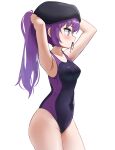  0w0_(artist) 1girl absurdres arms_up black_hat black_one-piece_swimsuit blush collarbone commentary cowboy_shot from_side hat highres long_hair looking_to_the_side mouth_hold one-piece_swimsuit ponytail profile purple_hair purple_one-piece_swimsuit simple_background solo standing swimsuit two-tone_one-piece_swimsuit tying_hair utane_uta utau white_background 