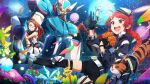  2girls :d animal belt black_gloves black_jacket black_unitard boots braid card_commentary cat clothed_animal commentary_request flower game_asset gecko gloves grey_belt grey_boots hat holding holding_flower idolmaster idolmaster_(classic) idolmaster_million_live! idolmaster_million_live!_theater_days jacket long_hair mecha minase_iori multiple_girls official_alternate_costume official_alternate_hairstyle official_art ogami_tamaki open_mouth orange_flower orange_hair robot science_fiction smile third-party_source twin_braids yellow_eyes 