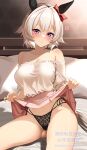 1girl animal_ears bare_shoulders bed_sheet black_panties blush bow breasts collarbone commentary_request curren_chan_(umamusume) ear_bow ear_covers grey_hair grey_tail highres holding_own_skirt horse_ears horse_girl horse_tail indoors komb large_breasts looking_at_viewer miniskirt multi-strapped_panties off-shoulder_shirt off_shoulder on_bed panties pillow pink_skirt purple_eyes red_bow shirt short_hair side-tie_panties sitting skirt smile solo string_panties tail thighs umamusume underwear watermark white_shirt 
