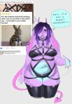 2025 2_horns 5_fingers anthro asking_viewer band-aid bandage bandage_on_face bandage_on_nose belly black_bra black_clothing black_harness black_legwear black_panties black_thigh_highs black_thong black_underwear blue_belly blue_sclera bodily_fluids body_hair body_harness bra breasts brown_eyes claws cleavage clothed clothing colored crotch_tuft demon dewlap_(anatomy) dreadlocks ear_piercing emanata english_text eyelashes facial_piercing female female_anthro finger_claws fingers fist floppy_ears front_view frown frowning_at_viewer fur glistening glistening_clothing glistening_legwear glistening_thigh_highs gradient_hair hair happy_trail harness helix_piercing hi_res highlights_(coloring) horn lagomorph leg_tuft legwear leporid lip_piercing lip_ring long_ears long_hair long_tail love_handles makeup mammal mascara medium_breasts meme meme_clothing mole_on_arm mole_on_thigh mole_under_eye motion_lines multicolored_body navel one_eye_obstructed overweight overweight_anthro overweight_female panties piercing pink_horn pink_tail portrait purple_body purple_fur purple_hair purple_highlights rabbit reference_image review ring_piercing salem_(wolfertinger) shaded simple_background skimpy solo spade_tail speech_bubble standing sweat sweatdrop tail teeth_showing text thick_thighs thigh_highs thong three-quarter_portrait trans_(lore) trans_man_(lore) tuft underwear wide_hips wolfertinger y_shaped_nose