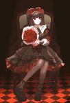  black_boots black_dress black_hair black_skirt boots bow chain dress flower frills gokubara_michika gothic_lolita hime_cut lolita_fashion long_hair needy_girl_overdose red_eyes sanmanako skirt twintails 