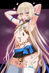  1boy absurdres animal_print armpits arms_up blonde_hair blue_ribbon body_writing bulge collar condom condom_in_mouth condom_wrapper cowboy_shot crossdressing crossdressing_(mtf) cum cum_on_armpits cum_on_body fate/grand_order fate_(series) fishnets green_eyes heart highres leopard_print long_hair looking_at_viewer male_focus men's_toilet_symbol mouth_hold noah_(fate) noah_(third_ascension)_(fate) parted_lips ribbon sidelocks skirt solo spoken_heart standing stray_pubic_hair sweat tally thighhighs trap very_long_hair white_thighhighs zanegoodell 