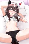  1girl arms_behind_head bed black_buruma blush braid breasts brown_hair buruma commentary_request curren_bouquetd'or_(umamusume) grey_hair gym_uniform hairband heavy_breathing highres horse_girl long_hair low_twin_braids minato_1690 navel open_mouth pillow small_breasts solo spread_legs twin_braids umamusume 