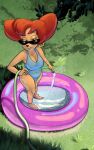  anthro breasts cleavage clothed clothing disney ear_piercing eyewear female goof_troop grass hi_res hose inflatable_pool looking_at_viewer mature_female peg_pete piercing plant smile solo standing sunglasses swimming_pool swimwear tvma water 