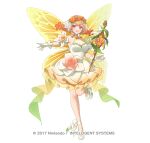 1girl bare_shoulders blonde_hair blush breasts butterfly_wings commentary_request dress fairy fairy_wings fire_emblem fire_emblem_heroes flower full_body gloves hair_between_eyes hair_ornament insect_wings looking_at_viewer medium_breasts miyako_(xxxbibit) multicolored_hair official_alternate_costume official_art open_mouth peony_(fire_emblem) peony_(interwoven_dream)_(fire_emblem) pointy_ears purple_eyes shoes sidelocks simple_background smile solo staff standing standing_on_one_leg teeth upper_teeth_only white_background white_dress white_gloves white_shoes wings 