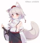  1girl absurdres animal_ear_fluff animal_ears black_skirt blush breasts closed_mouth commentary detached_sleeves grey_hair gumingdi_ban hat highres holding holding_sword holding_weapon inubashiri_momiji looking_at_viewer medium_hair no_bra pom_pom_(clothes) red_eyes red_hat red_skirt sheath sheathed sideboob simple_background skirt solo sword tail tokin_hat touhou twitter_username two-tone_skirt weapon white_background wolf_ears wolf_girl wolf_tail 