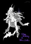  1girl absurdres arknights asic_(2595268715) black_background closed_mouth commentary_request dragon_girl dragon_horns dragon_tail fire flame-tipped_tail fold-over_boots full_body greyscale hair_over_one_eye happy_birthday highres holding horns jewelry long_hair monochrome multiple_horns multiple_rings necrass_(arknights) ring signature simple_background solo spot_color tail thighhighs torn_clothes torn_thighhighs very_long_hair 