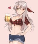  1girl artist_name bangs beer_mug blush breasts checkered_clothes checkered_shirt cleavage commission cropped_shirt cup denim denim_shorts fire_emblem fire_emblem:_radiant_dawn grey_hair groin hair_ribbon hand_on_hip heart highres large_breasts long_hair lowleg lowleg_shorts micaiah_(fire_emblem) midriff mug one_eye_closed pink_background purrlucii ribbon shirt short_shorts short_sleeves shorts signature simple_background solo tied_shirt twin_peaks_(restaurant) yellow_eyes 