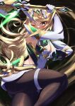  1girl absurdres bangs black_pantyhose blonde_hair breasts cleavage elbow_gloves gloves gold_trim highres holding holding_sword holding_weapon large_breasts long_hair mythra_(xenoblade) nithros one_eye_closed pantyhose solo sword thigh_strap thighs tiara very_long_hair weapon white_gloves xenoblade_chronicles_(series) xenoblade_chronicles_2 yellow_eyes 