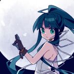  1girl back_ribbon blue_eyes blue_hair blunt_bangs chinese_commentary commentary_request cropped_torso dress facing_away floating_hair floating_ribbon fox_shadow_puppet hand_up hei29232 high_ponytail light_smile long_sidelocks looking_at_viewer looking_back minato_hikaru moon ponytail ribbon sidelocks solo soukou_akki_muramasa strapless strapless_dress very_long_sidelocks white_dress white_ribbon 