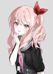  1other akiyama_mizuki arm_at_side black_jacket black_neckerchief blush cheese765 clover commentary cropped_jacket diamond_(shape) dot_nose from_side grey_background grey_sailor_collar hair_between_eyes hair_ribbon hand_up heart jacket long_hair long_sidelocks looking_at_viewer neckerchief open_clothes open_jacket open_mouth other_focus pink_eyes pink_hair pink_neckerchief project_sekai red_ribbon ribbon sailor_collar short_sleeves side_ponytail sidelocks simple_background smile solo spade_(shape) turning_head two-tone_neckerchief upper_body 