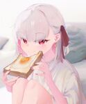  1girl blush bread bread_slice breasts commentary_request earrings egg_(food) fate/grand_order fate_(series) food fried_egg fried_egg_on_toast hair_ribbon highres irfan_hafidh_n jewelry kama_(fate) kama_(young)_(fate) looking_at_viewer red_eyes ribbon shirt short_hair short_sleeves small_breasts smile solo toast white_hair white_shirt 